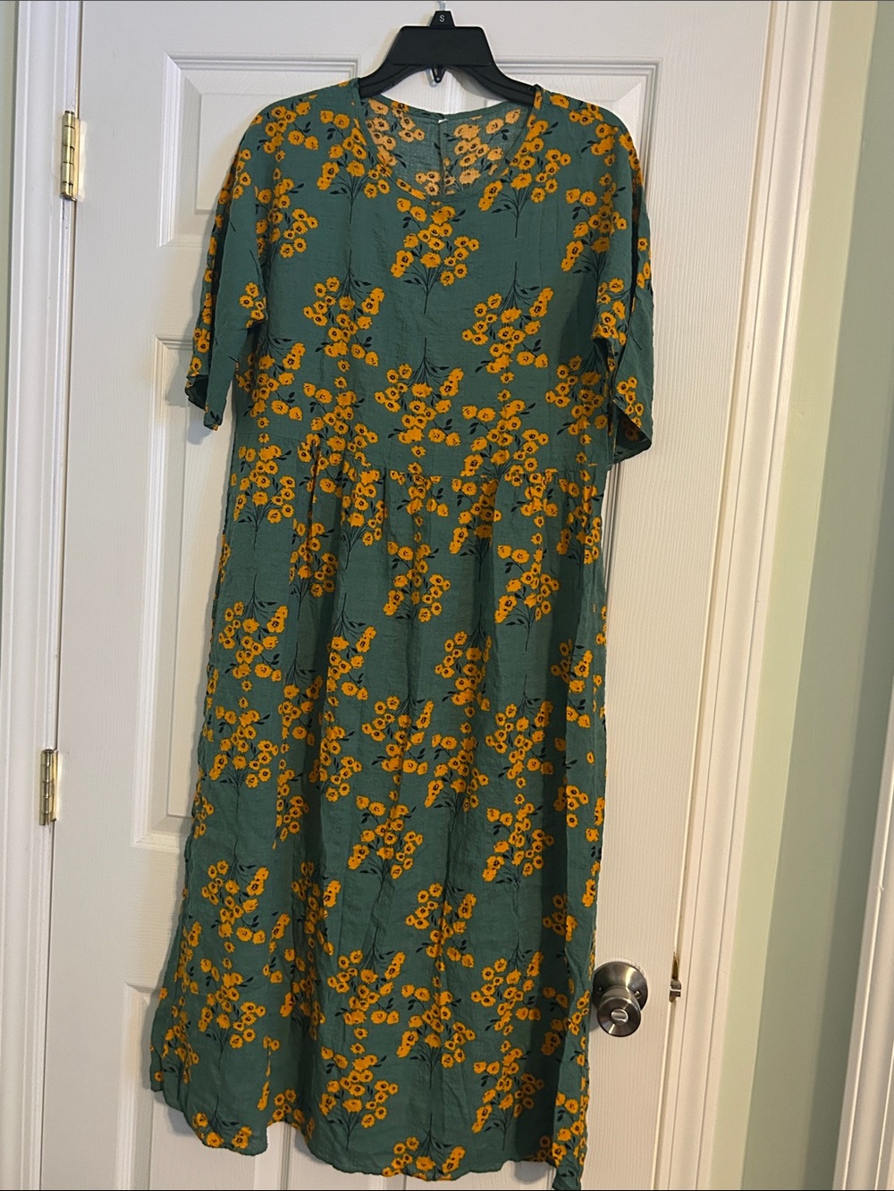 Green Floral Midi Dress with Yellow Blossoms